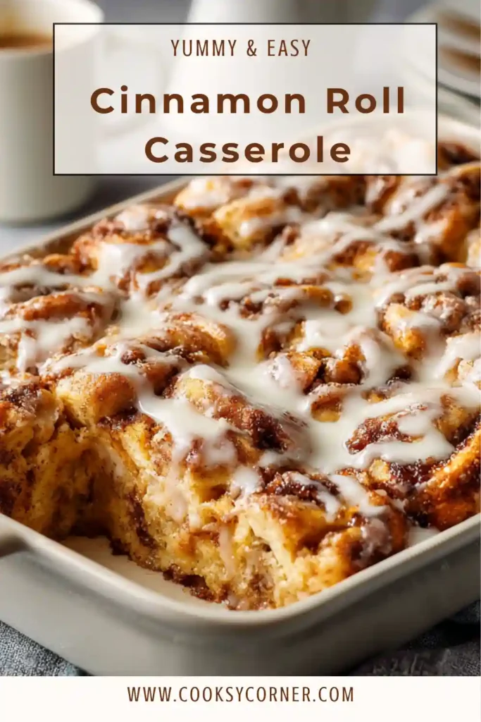 Close-up of Cinnamon Roll Casserole slices with soft bread texture and sweet icing drizzle. Warm and freshly baked.
