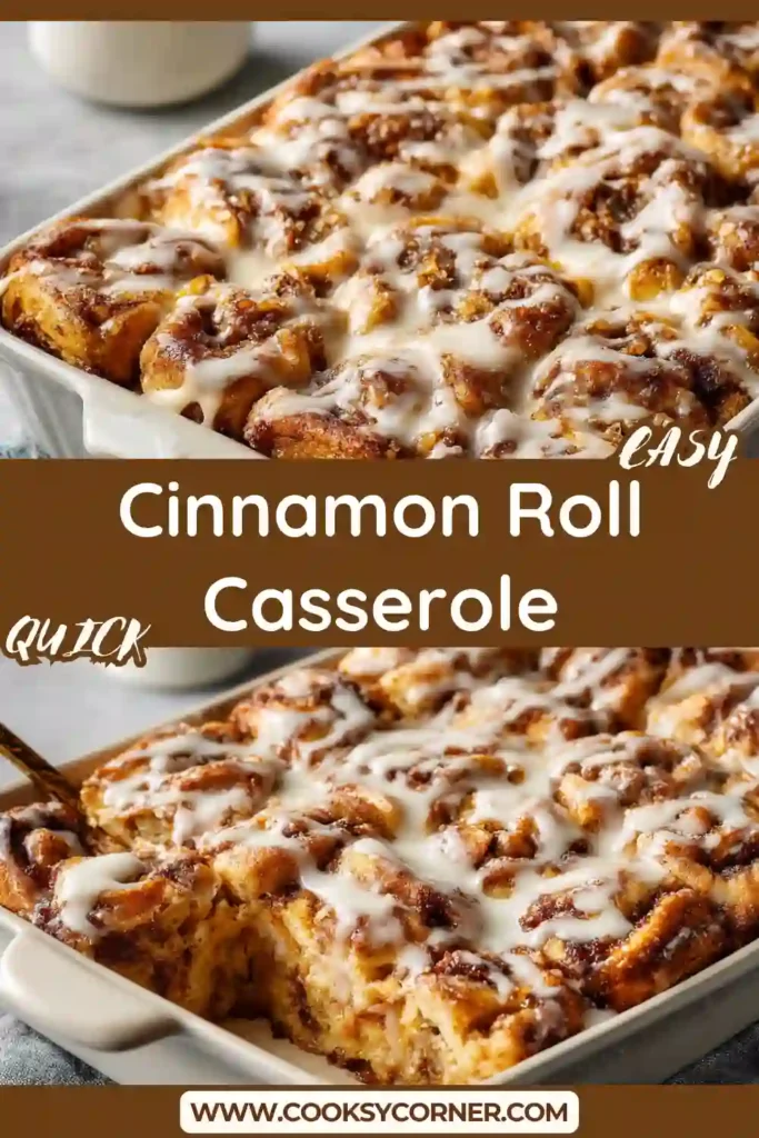 A golden baked Cinnamon Roll Casserole topped with creamy glaze and cinnamon layers visible throughout. Perfect for breakfast or brunch.