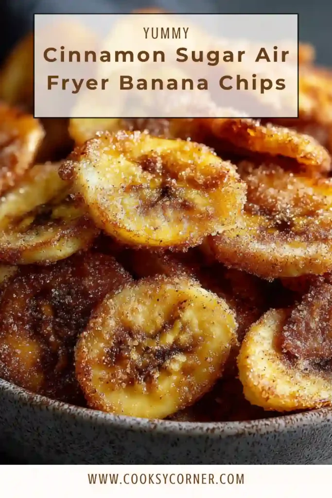 Crispy cinnamon sugar air fryer banana chips arranged in a bowl with golden edges.