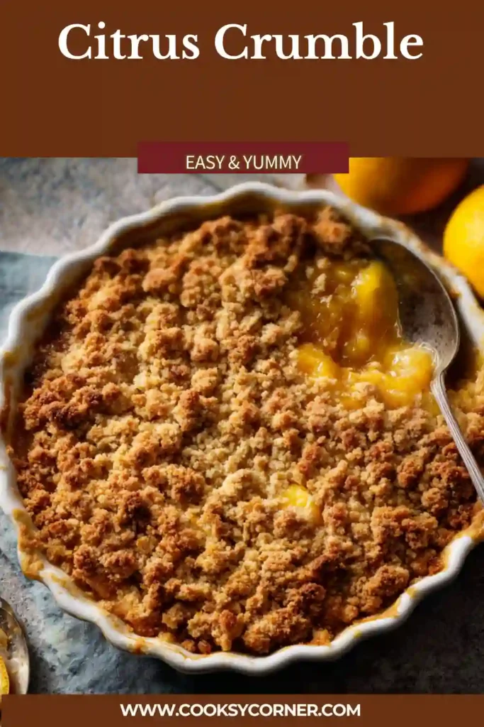 Gluten-free citrus crumble with almond flour and oats, served in a baking dish.