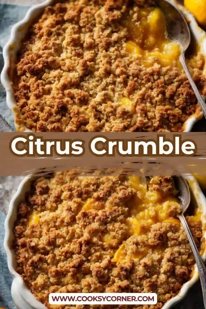 Citrus crumble baked with fresh oranges and golden oat topping in a dish.