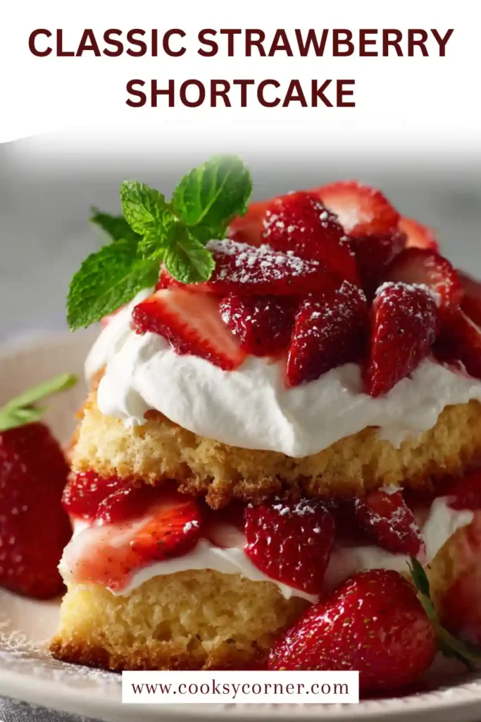 Homemade strawberry shortcake dessert with juicy berries and cream.