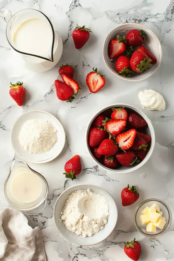 Fresh strawberry dessert with whipped cream and golden shortcake.