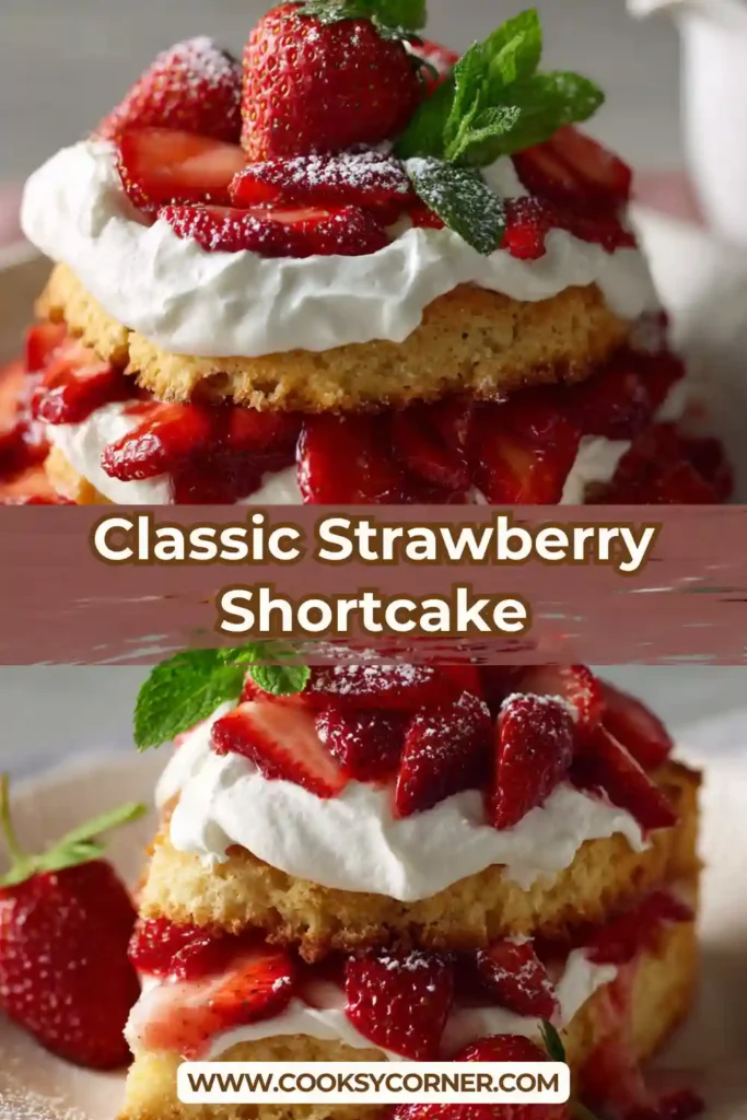 Classic strawberry shortcake with fresh strawberries and whipped cream layered on biscuit.
