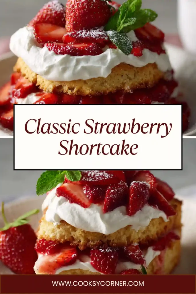 Homemade strawberry shortcake dessert with juicy berries and cream.