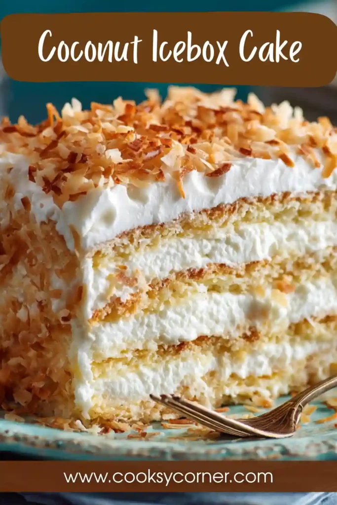 Slice of coconut icebox cake showing creamy layers and toasted coconut topping.