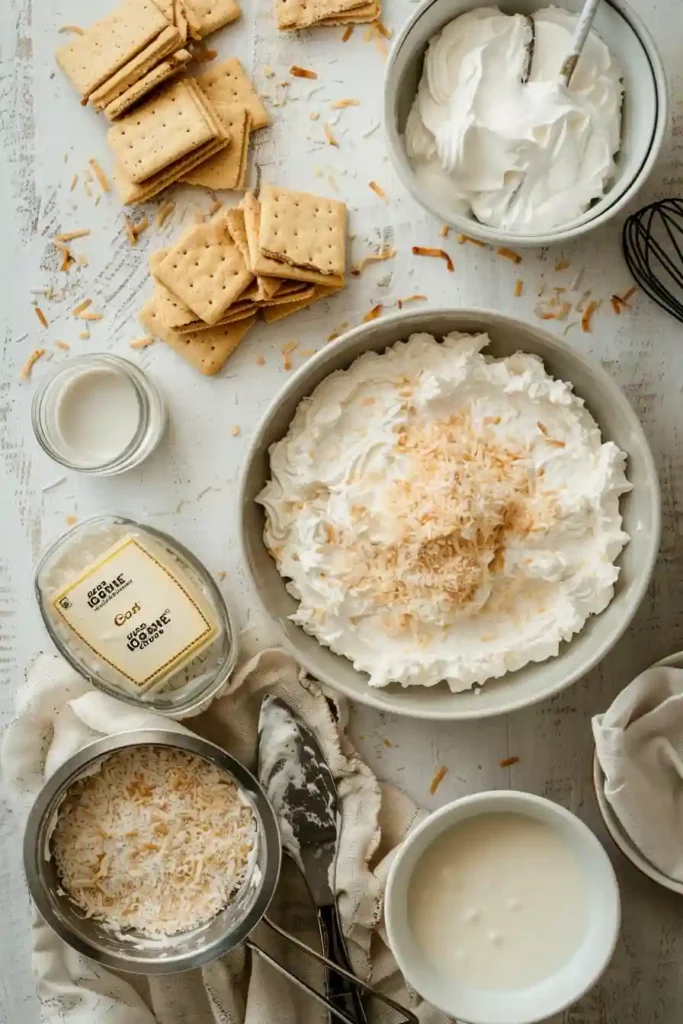 Creamy coconut pudding cake chilled and ready to serve in a baking dish.
