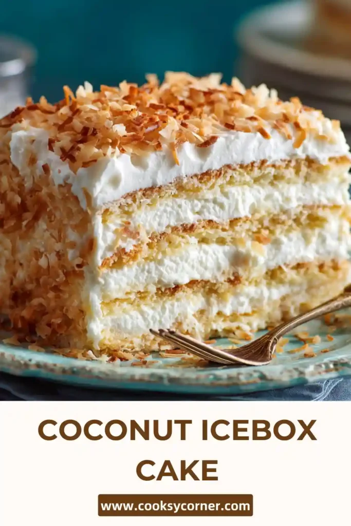 Coconut icebox cake layered with graham crackers and creamy coconut pudding topped with toasted coconut.