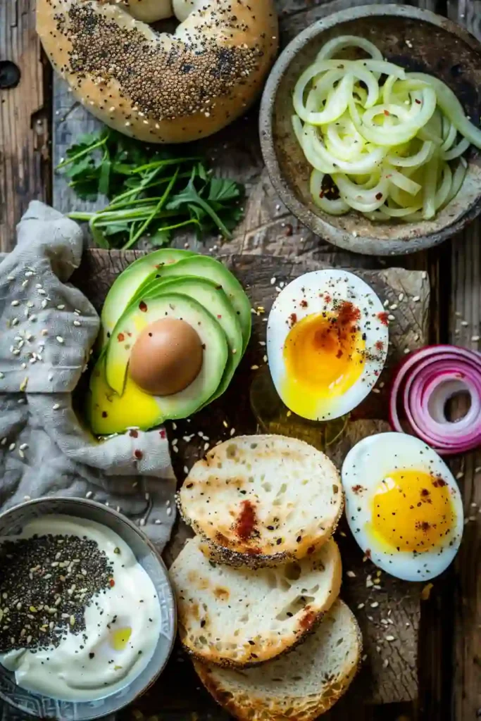 Healthy breakfast bagel sandwich stacked with egg, avocado, and onions, showing rich textures and vibrant colors.