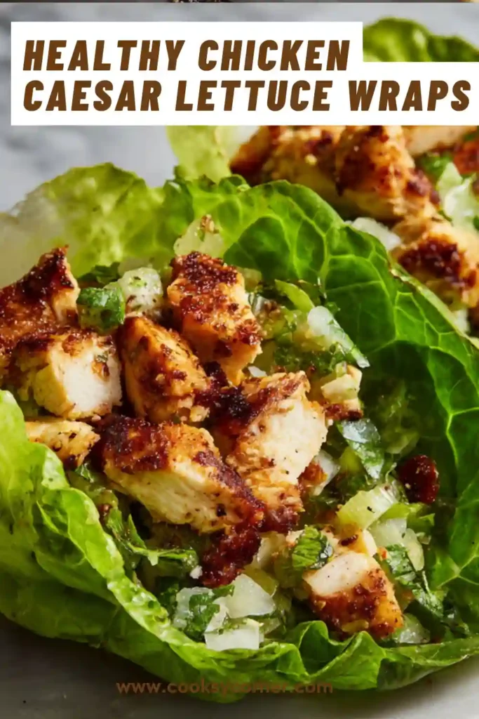 Fresh lettuce wraps filled with chicken Caesar salad topped with parmesan and crunchy croutons. A simple and nutritious low carb recipe.