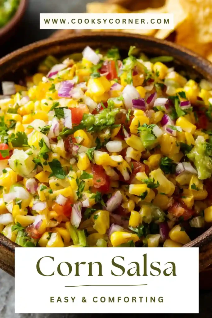 Fresh corn salsa with tomatoes, onion, and cilantro in a bowl.