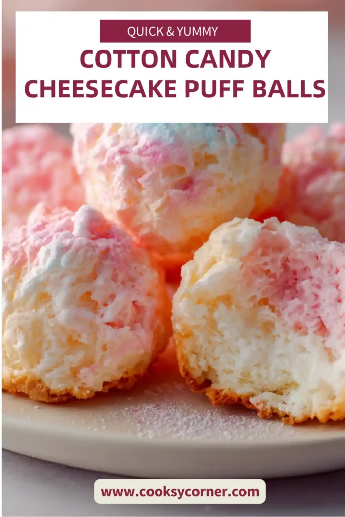 Mini puff pastry balls filled with creamy cheesecake and cotton candy garnish.