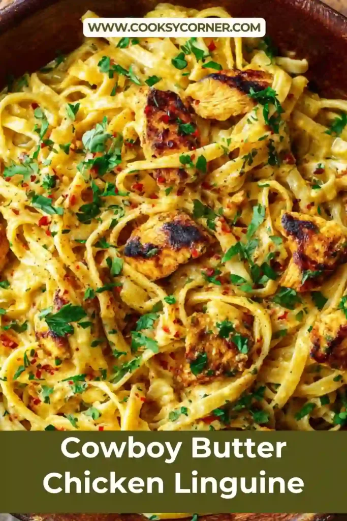 Linguine pasta with chicken in rich buttery sauce.