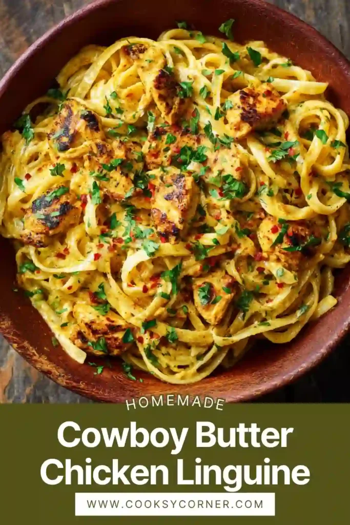 Creamy chicken pasta with garlic butter sauce and parmesan cheese.