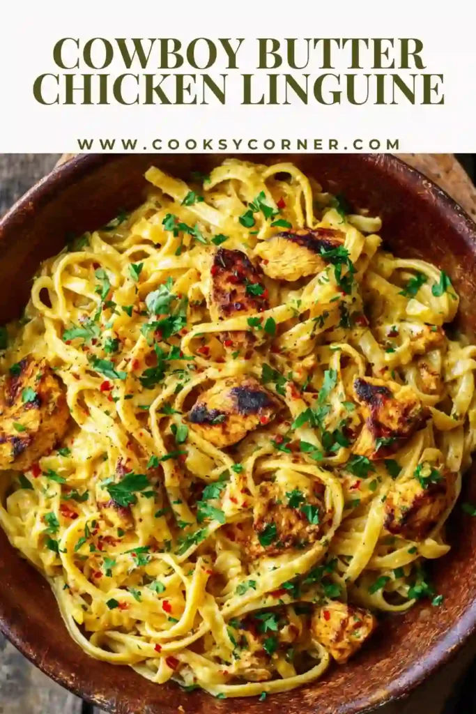 Cowboy butter chicken linguine with creamy garlic sauce and parsley garnish.