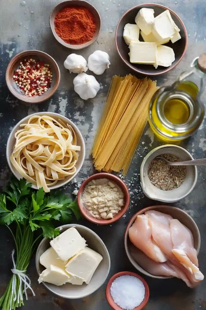 Homemade creamy garlic butter chicken pasta dish.