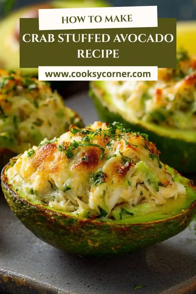 Healthy crab stuffed avocado recipe plated with lemon wedges and fresh herbs for a light seafood meal.