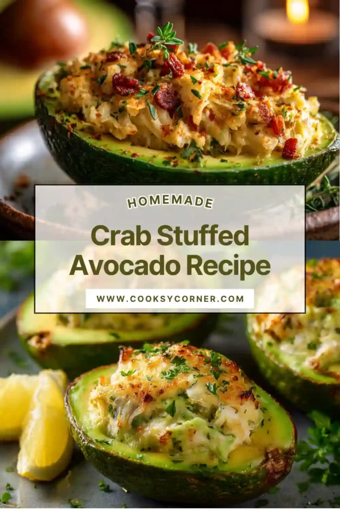 Close-up of baked crab stuffed avocado with golden melted cheese and herbs, served fresh and warm.