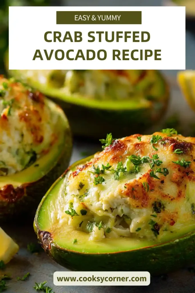 Crab stuffed avocado halves filled with creamy crab mixture and topped with melted cheese, garnished with fresh cilantro and lemon wedges.