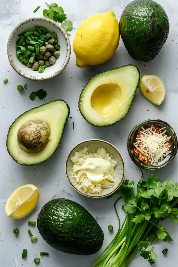 Fresh avocado halves stuffed with seasoned crab filling and broiled cheese topping ready to serve.