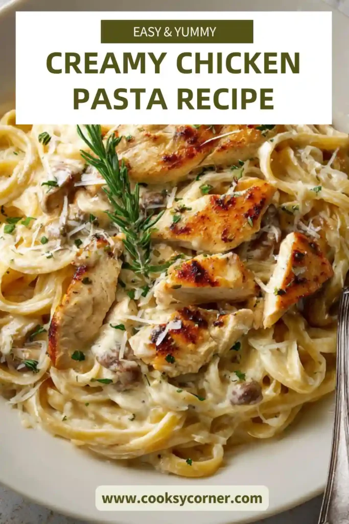 A bowl of creamy chicken pasta topped with herbs and lemon zest, showcasing a rich and comforting dish.