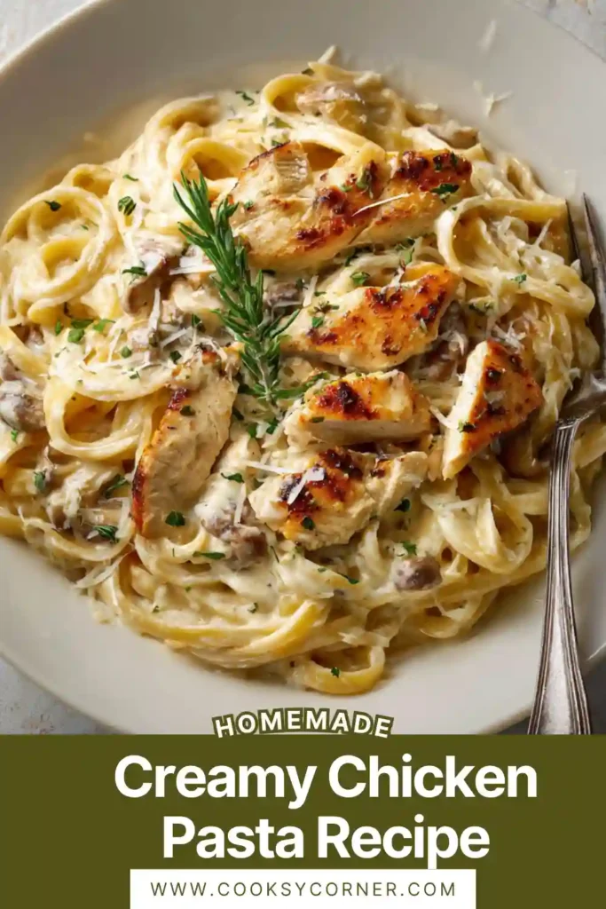 Close-up of creamy garlic chicken pasta with rich sauce, tender chicken slices, and grated parmesan.