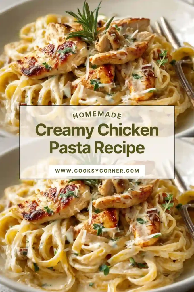 Creamy chicken pasta recipe with sliced chicken breast, parmesan sauce, and fresh rosemary on top of cooked pasta.