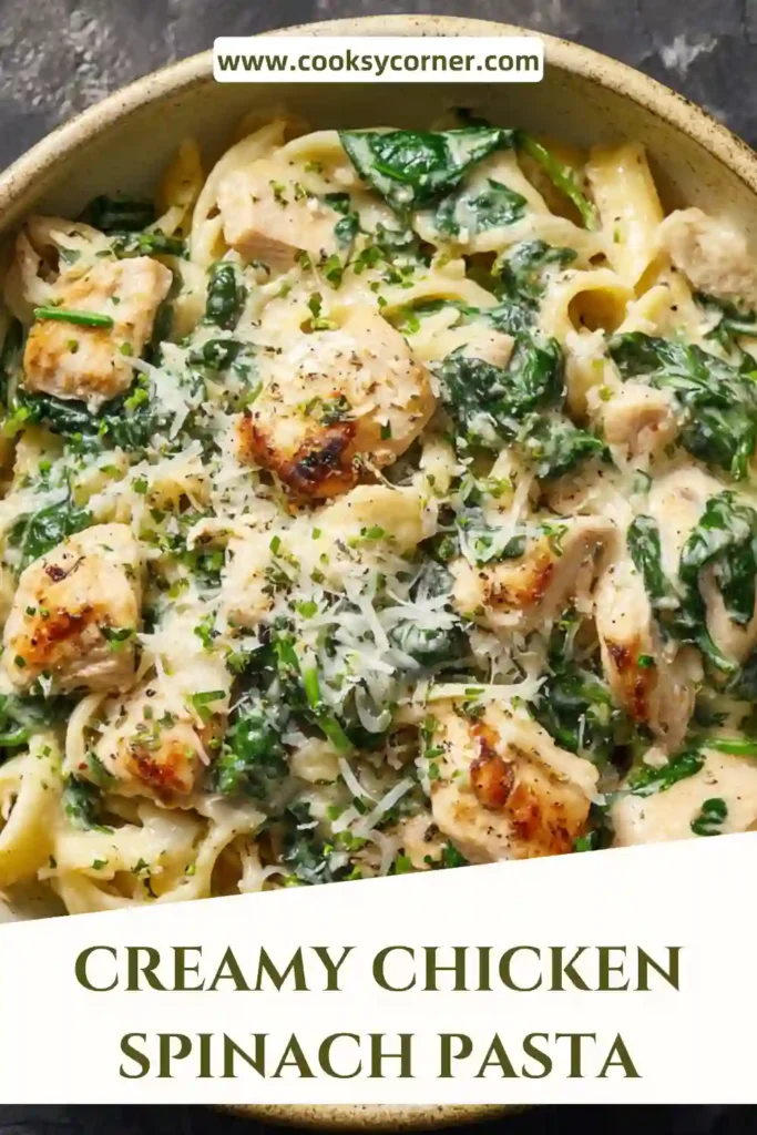 Homemade creamy chicken spinach pasta with tender chicken pieces and wilted spinach in a rich sauce.
