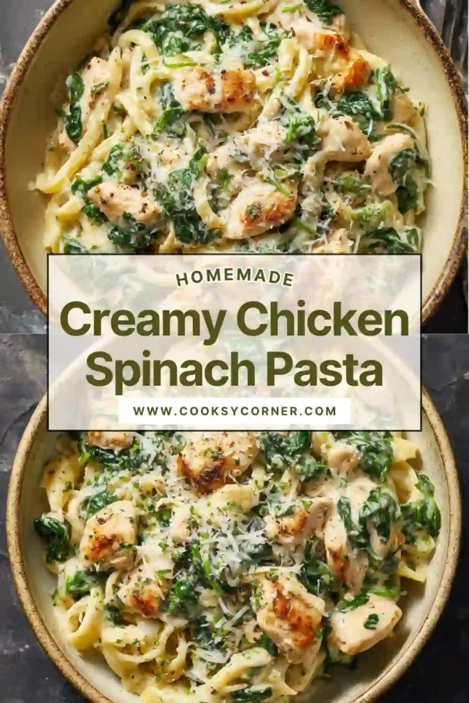 Creamy chicken spinach pasta served in a bowl with parmesan cheese and fresh spinach leaves, rich and comforting dinner dish.