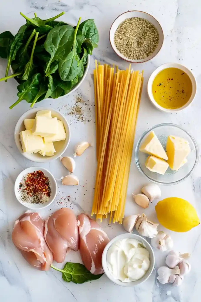 A plate of creamy chicken pasta with spinach and parmesan, smooth sauce coating every bite.