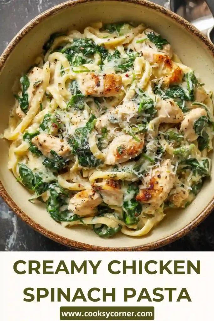 Close-up of creamy pasta with chicken and spinach in a garlic parmesan sauce, perfect easy dinner recipe.