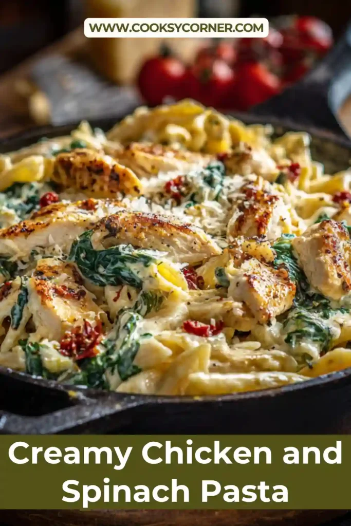 Homemade creamy chicken and spinach pasta garnished with parsley and lemon zest in a rustic dish.