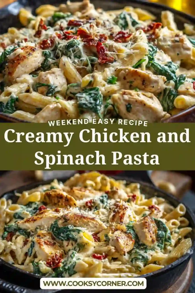 Close-up of creamy chicken pasta with wilted spinach and tender chicken pieces coated in a smooth sauce.