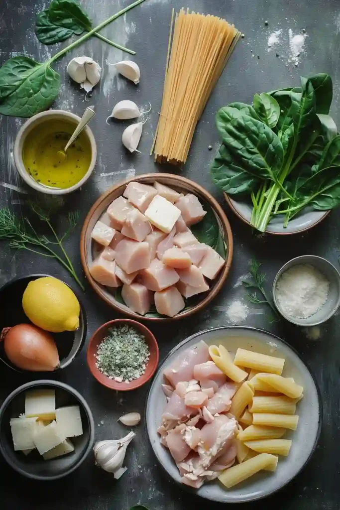 Freshly cooked chicken spinach pasta with creamy sauce and grated cheese, perfect for a comforting meal.