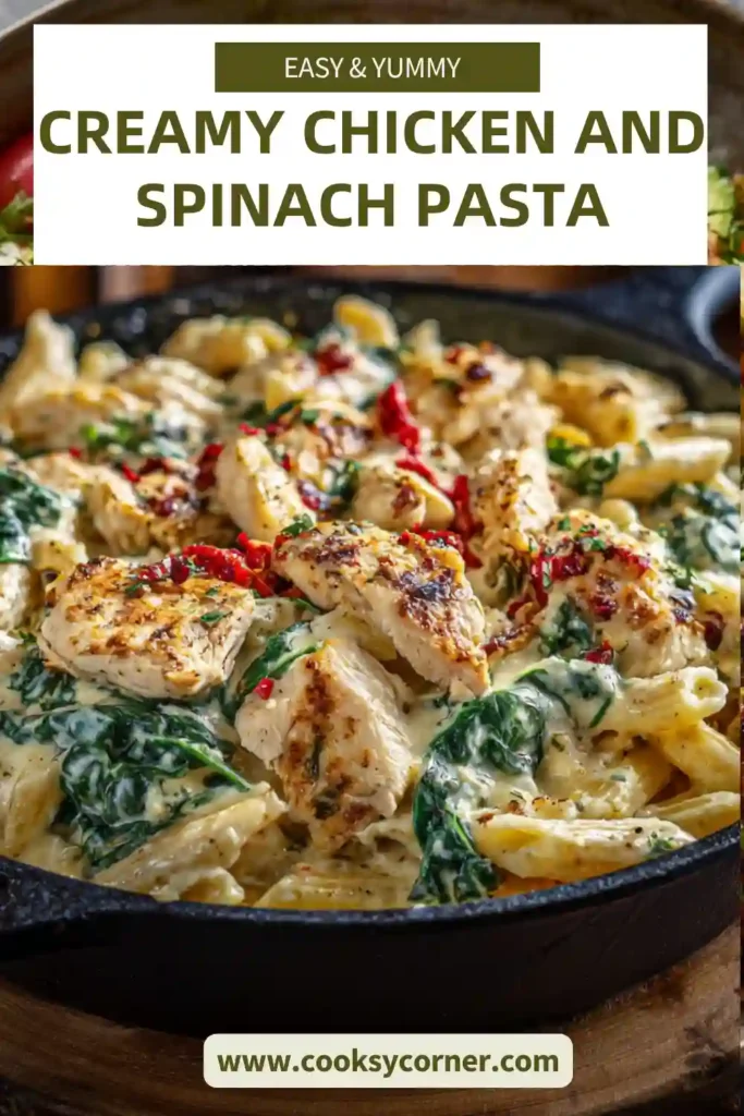 Creamy chicken and spinach pasta served in a bowl with fresh herbs and parmesan cheese, showing a rich and velvety sauce.