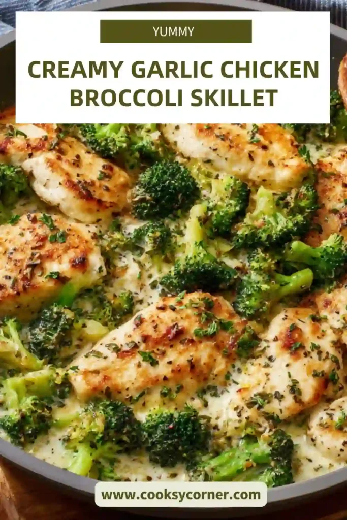 One-pan chicken and broccoli dish with a smooth cream sauce and vibrant green vegetables.