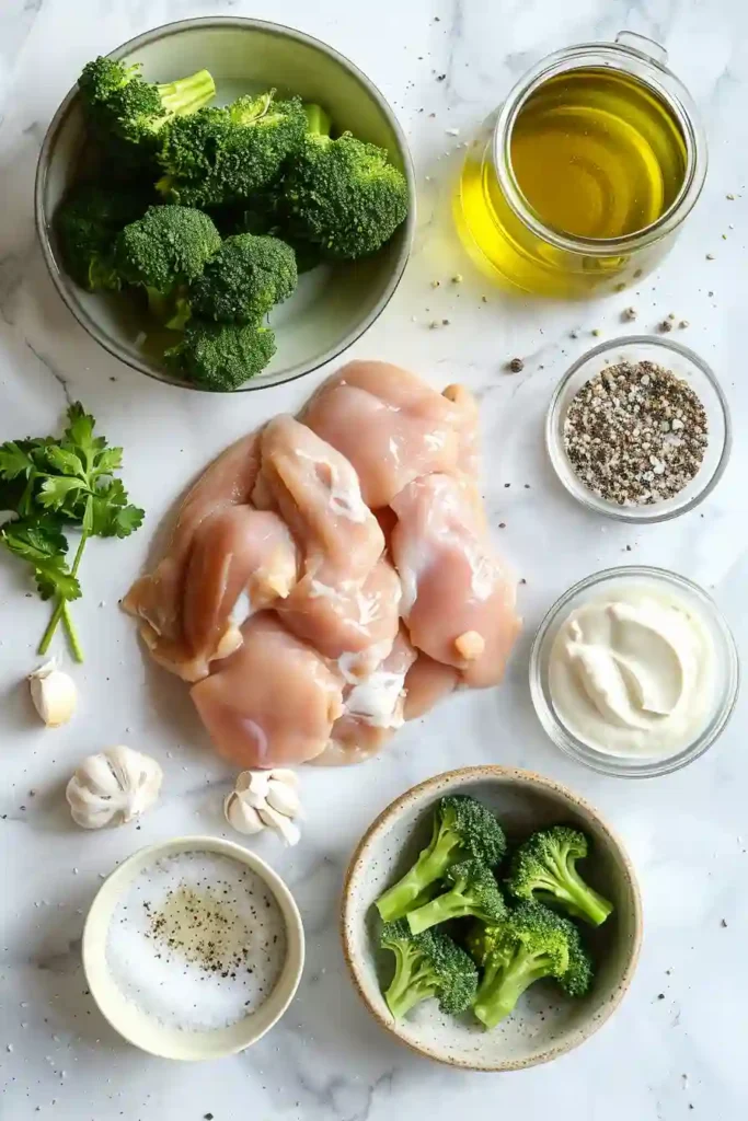 Skillet meal featuring juicy chicken and broccoli coated in a creamy garlic sauce.