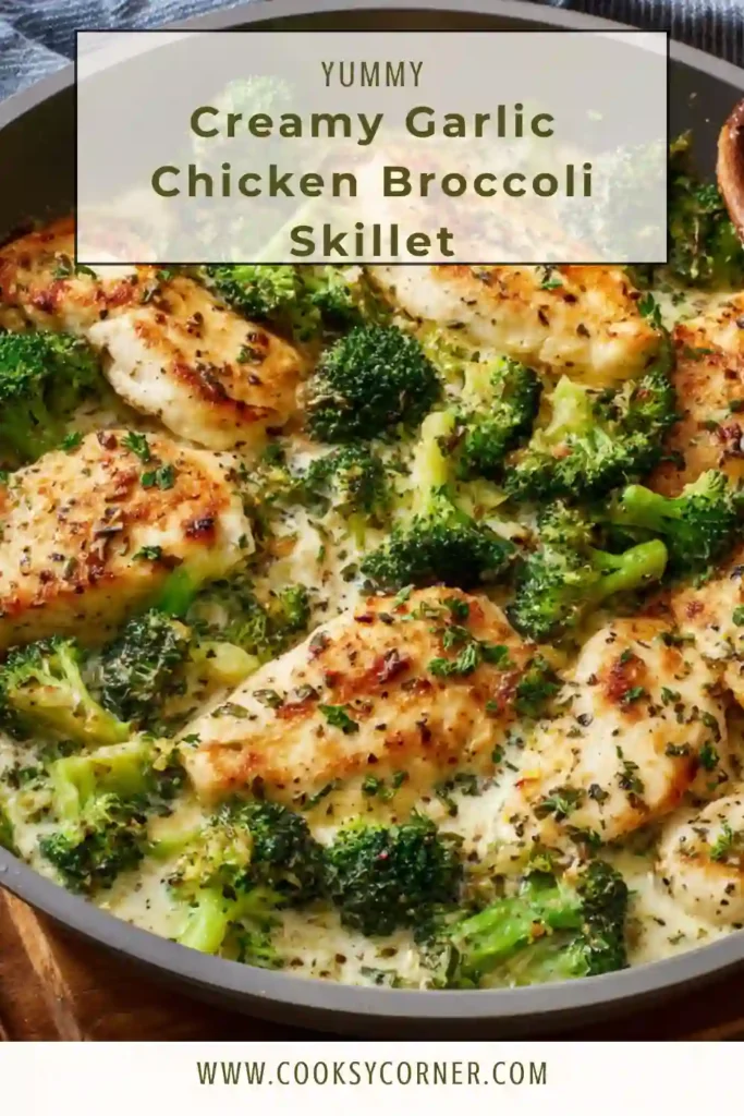 Close-up of chicken and broccoli in a creamy garlic sauce with fresh parsley garnish.