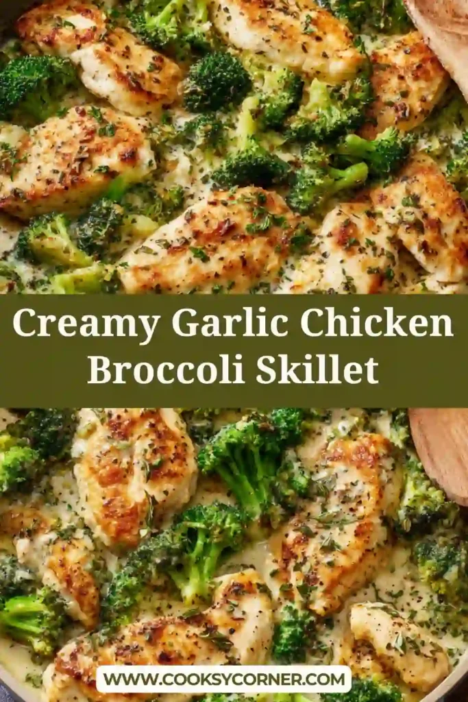 Creamy garlic chicken and broccoli skillet with tender chicken pieces covered in a rich sauce.