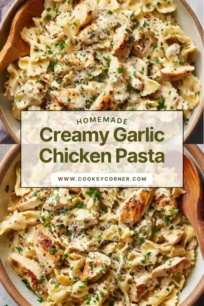 Homemade creamy garlic chicken pasta served warm with parmesan and herbs.