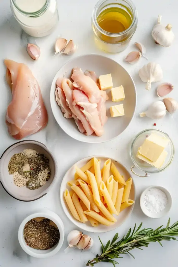 Rich and creamy pasta dish with chicken, garlic sauce, and perfectly cooked penne.