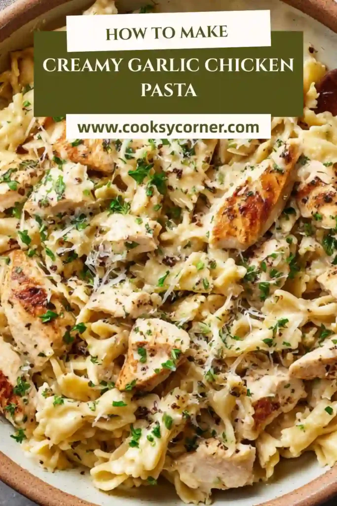 Creamy garlic chicken pasta with penne, tender chicken slices, and rich sauce topped with parmesan cheese.