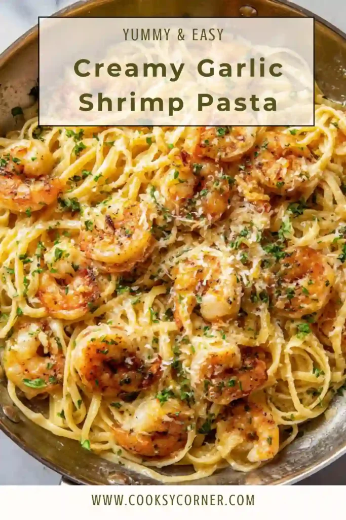 Creamy garlic shrimp pasta served in a bowl with parsley garnish and parmesan cheese. Rich and smooth texture.