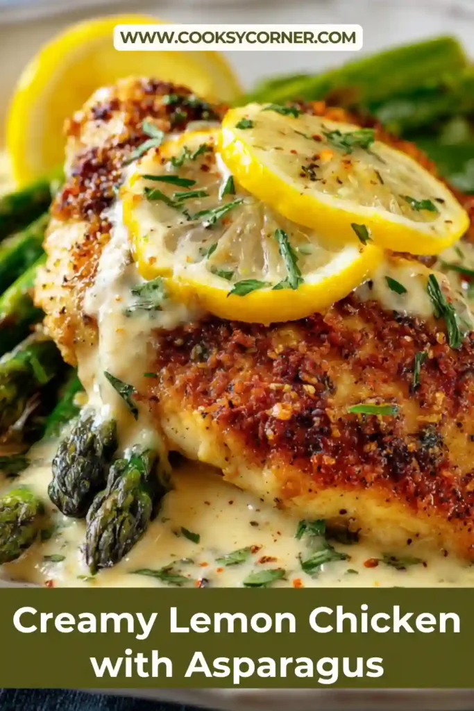 One-pan creamy lemon chicken with asparagus showing tender chicken pieces coated in a creamy sauce. Fresh herbs and lemon add a vibrant finish.
