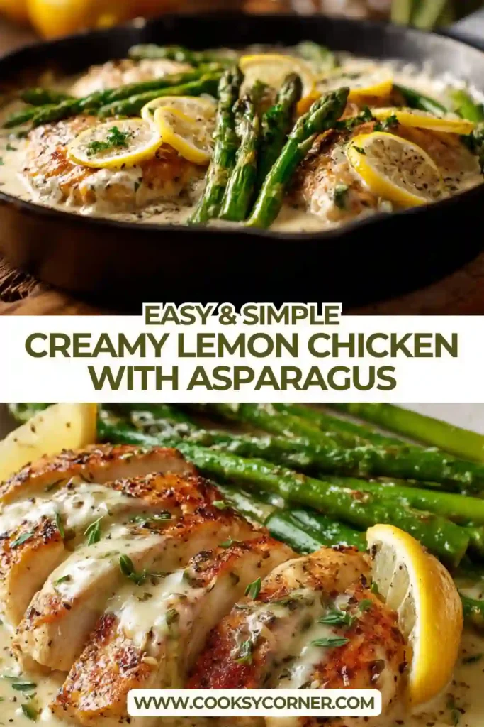Close-up of creamy lemon chicken topped with asparagus in a smooth, velvety sauce. The texture appears rich and perfectly balanced with bright citrus tones.