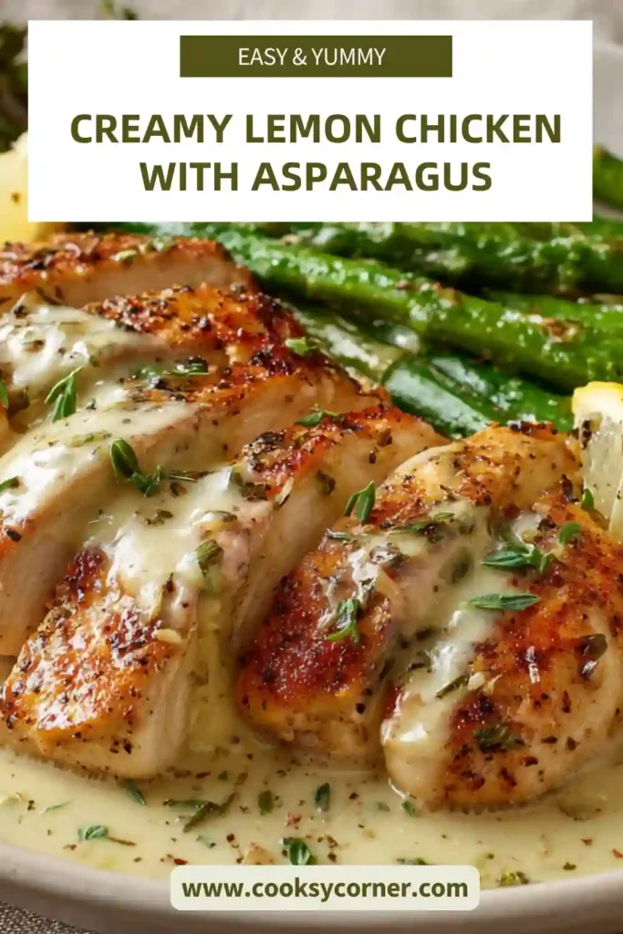 Creamy Lemon Chicken with Asparagus served in a skillet with golden chicken breasts and vibrant green asparagus in a rich lemon cream sauce. The dish looks warm, comforting, and freshly cooked.