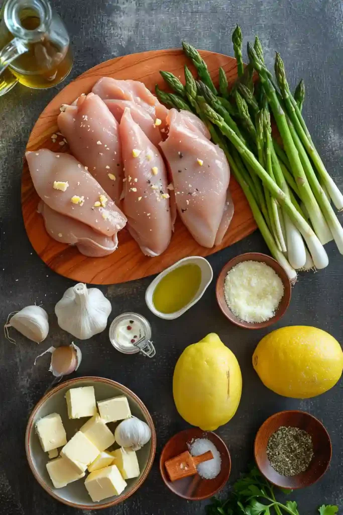 Homemade creamy lemon chicken with asparagus plated for dinner with a glossy, flavorful sauce and perfectly cooked vegetables.