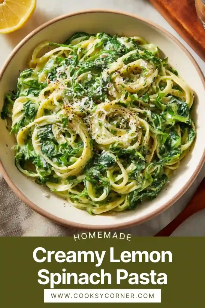 Bright green spinach pasta sauce blended with basil and lemon, coating spaghetti in a creamy texture.