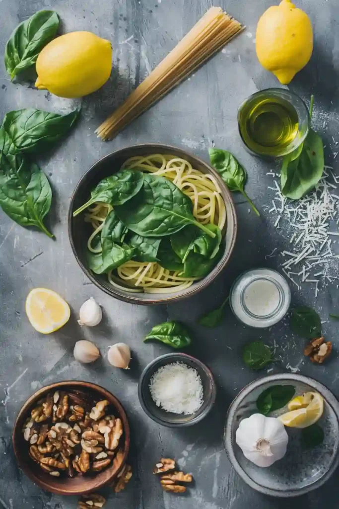 Close-up of creamy spinach basil pasta with lemon zest and Parmesan cheese garnish.