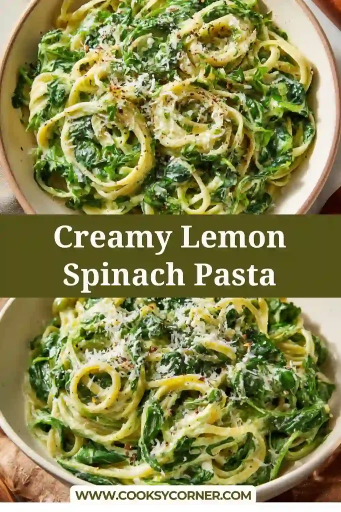 A bowl of creamy lemon spinach pasta made with whole wheat spaghetti and fresh basil, topped with walnuts and grated cheese.